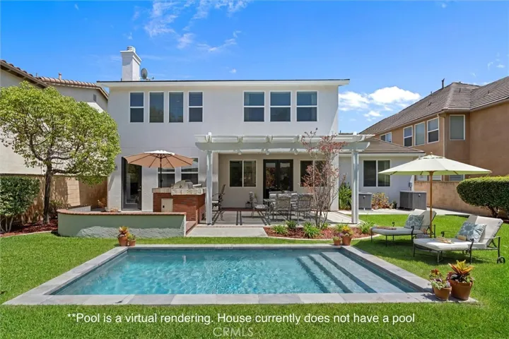 Pool is a digital rendering/virtual staging. It does not currently exist on the property