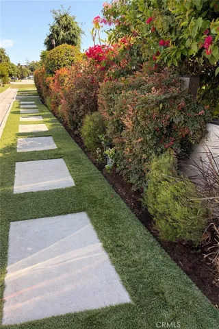 Artificial turf, concrete, bushes and plants