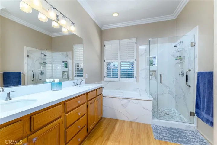 GORGEOUS master bath with marble like tub surround and shower walls.....really well-done!!!