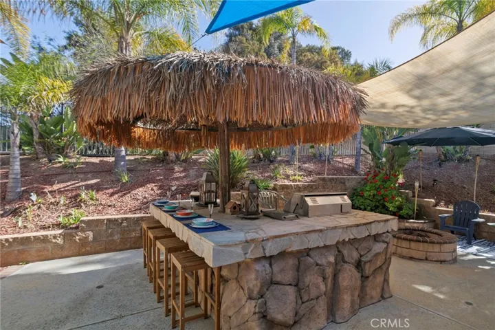 Outdoor entertaining area with covered seating, built-in bar, BBQ, and fire pit