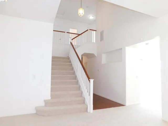 Staircase with carpet and a high ceiling