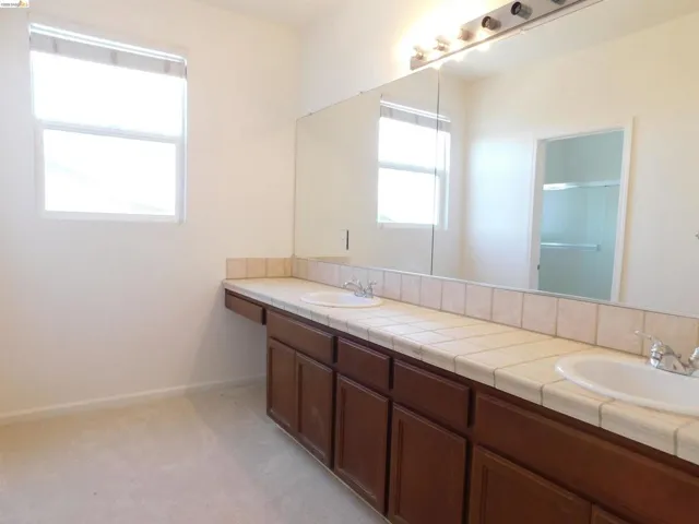 Bathroom with double vanity and light colored carpet