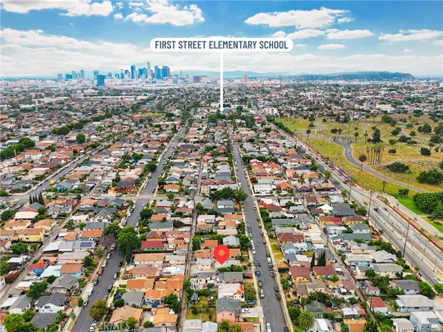Aerial view of the distance to the First Street Elementary School.