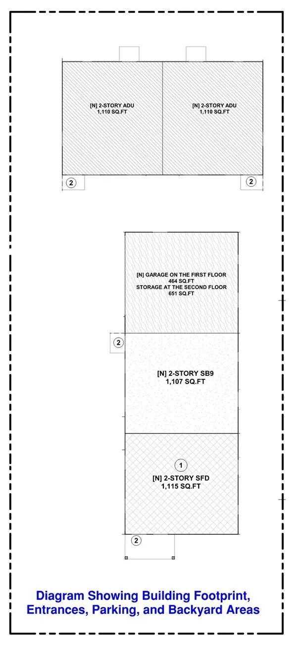 Diagram Showing Building Footprint, Entrances, Parking, and Backyard Areas