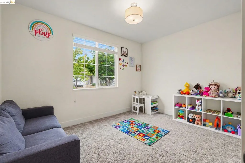 Bright room featuring a large window, neutral wall paint, and gray carpet flooring