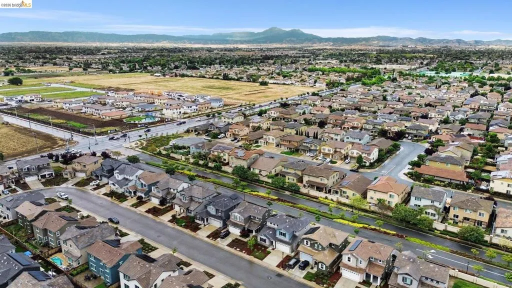 Aerial perspective highlighting a residential development with distinct architectural styles