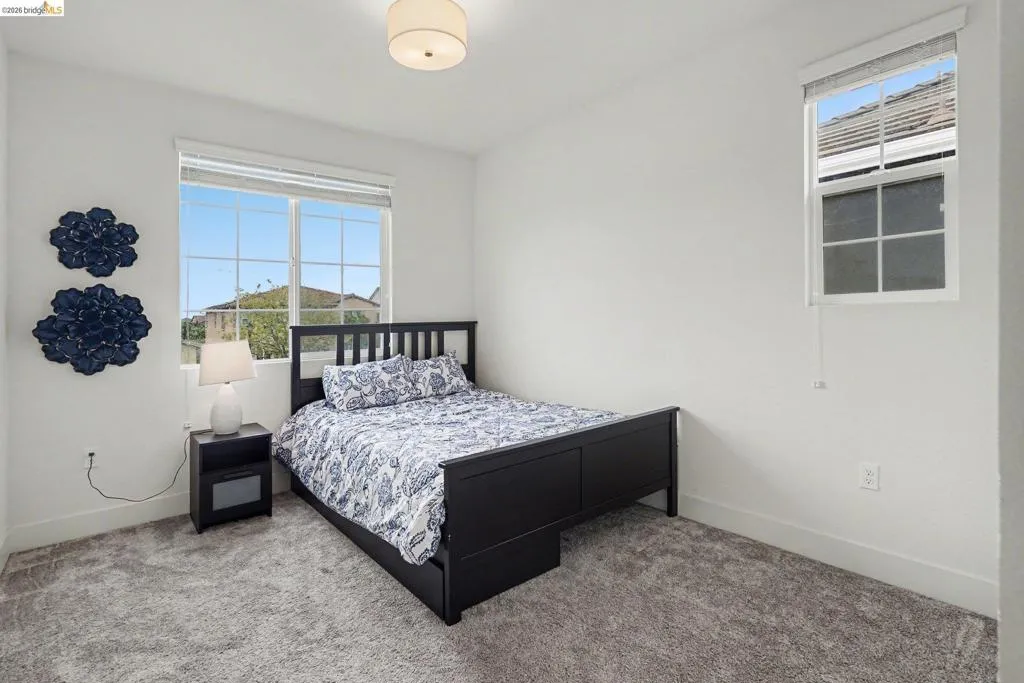 Bright interior space with light gray wall-to-wall carpeting and crisp white walls