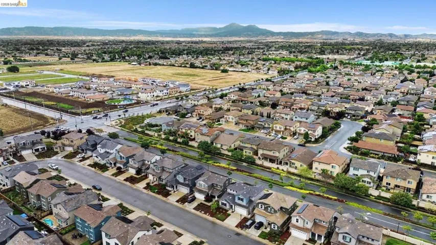 Aerial perspective highlighting a residential development with distinct architectural styles