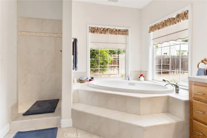 Primary bath with soaking spa tub and walk-in shower.