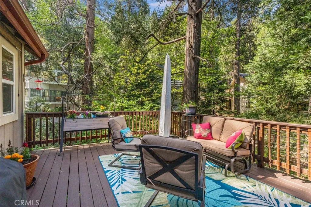 Back deck surrounded by the forest trees.