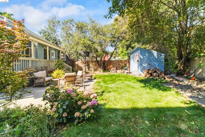 Expansive backyard featuring a manicured lawn, concrete patio, mature trees, and a detached storage shed