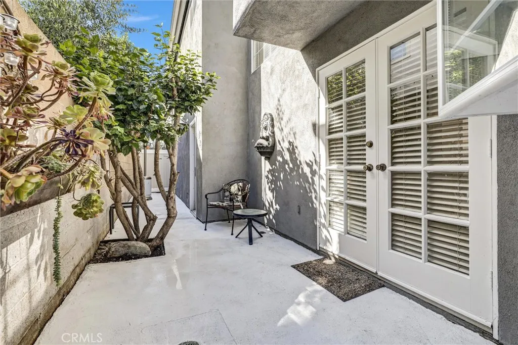 Slim backyard patio area - decorative hanging box planters - Double door entry into kitchen