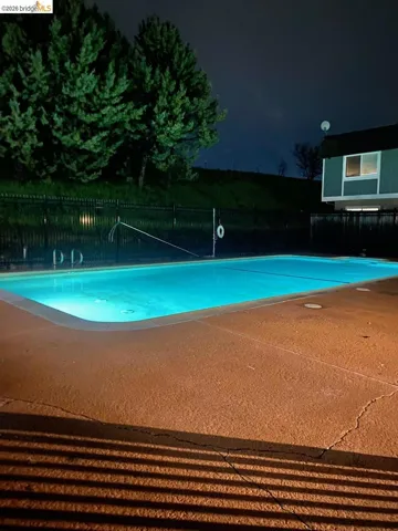 Illuminated swimming pool surrounded by a textured concrete deck, secured by a black metal fence, with mature evergreen trees bordering the property