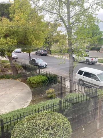 Streetscape featuring mature trees and a manicured landscape with a black wrought iron fence