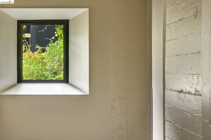 Framed window with deep sills showcasing exterior greenery