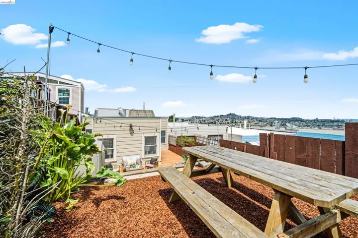 Rooftop patio featuring string lighting, a wooden picnic table, and a distant city and bay landscape
