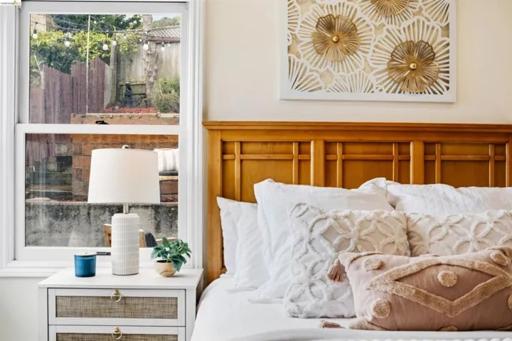 Wood-finish headboard with panel detailing