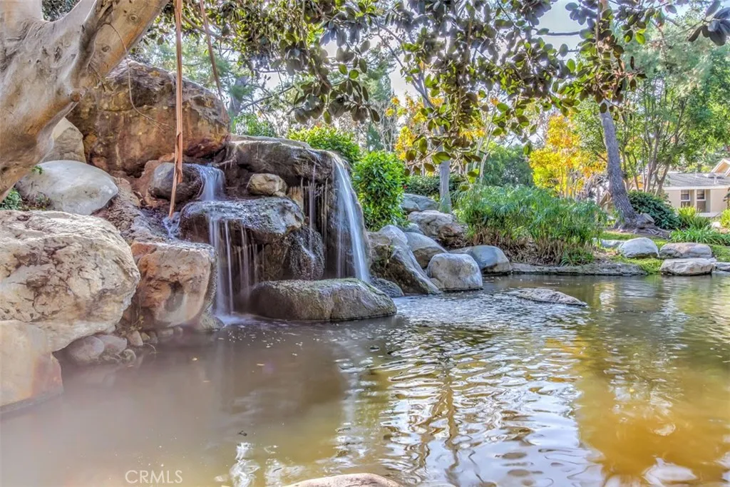 Water Feature – Serene community water feature surrounded by rocks, trees, and natural landscaping.
