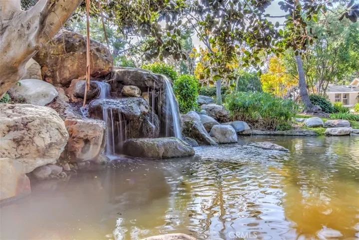 Water Feature – Serene community water feature surrounded by rocks, trees, and natural landscaping.

