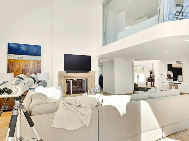 Living room centered around a statement dual sided fireplace.