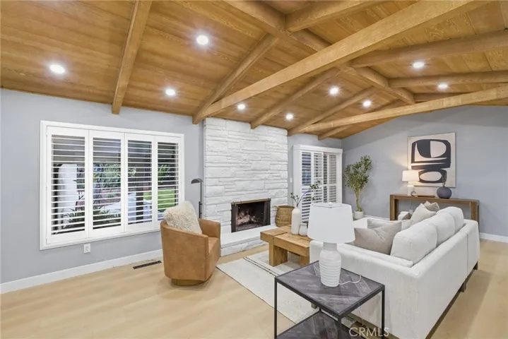 Beautiful open beam ceilings in the living room.