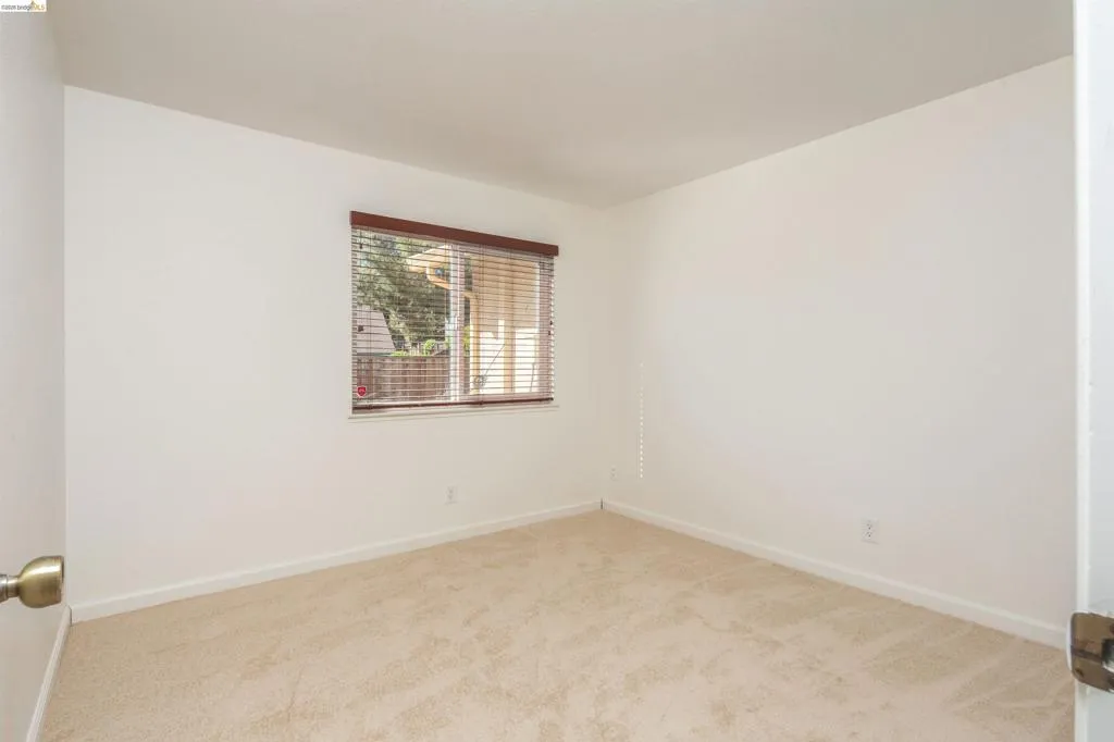 Room featuring neutral carpet flooring, white walls, and a window with wood-finish blinds