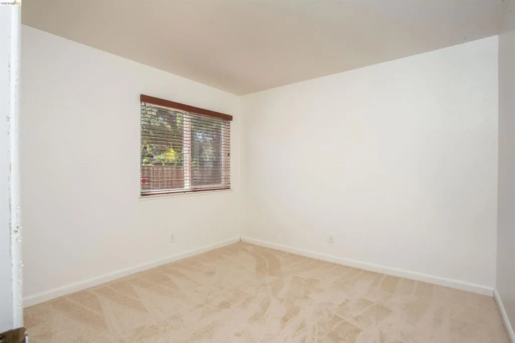 Window with wood-finish blinds, light beige carpet, white baseboards, and white walls
