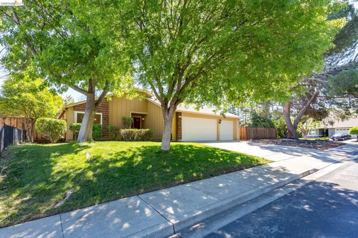 Single-story residence featuring a two-car garage, mature front yard trees, manicured landscaping, and a concrete driveway