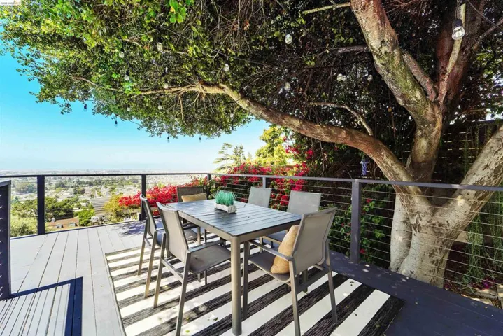 Spacious deck featuring a light-colored wood-finish surface and dark perimeter accents