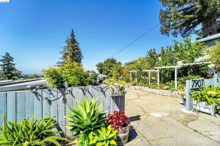 Gated driveway entry featuring a light-colored wooden fence and lush perimeter landscaping