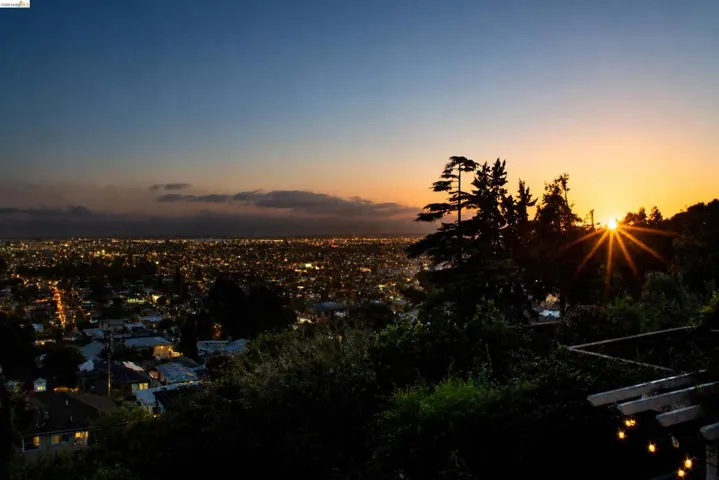 Expansive city lights visible against a twilight sky, framed by mature trees