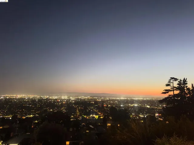 Expansive city lights panorama with a vibrant sunset horizon and mature evergreen trees framing the scene