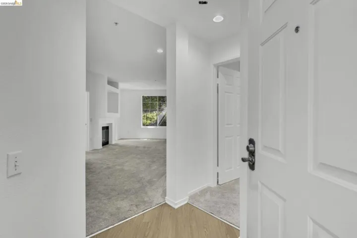 Entryway featuring wood-finish flooring transitioning to carpet, a paneled door with dark hardware, recessed lighting, and a partial view of a living space with a fireplace and large window