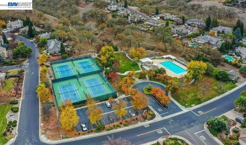 Aerial of pool-tennis courts etc.
