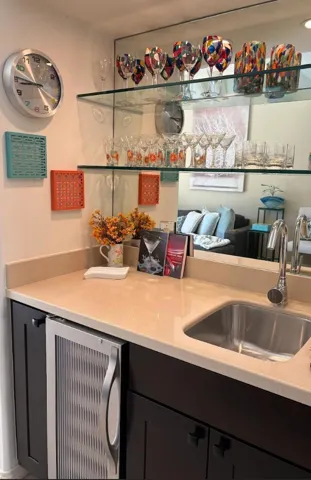 quartz wet bar with wine fridge