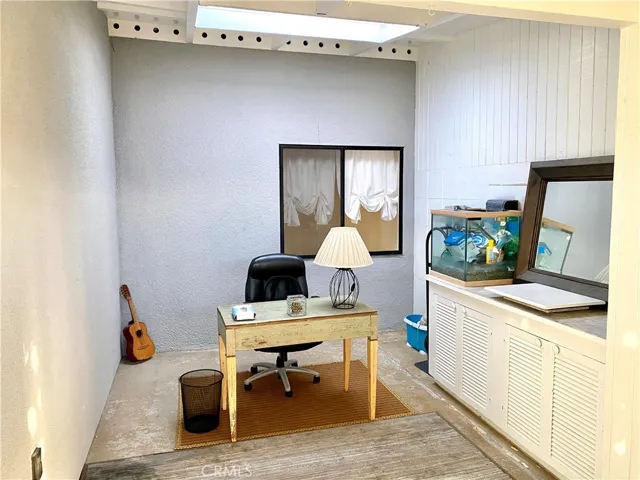 enclosed patio with storage cabinet, closet and large skylight