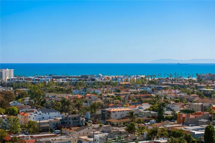 Aerial view from the home capturing Pacific City, the Pacific Ocean, and Catalina Island on the horizon