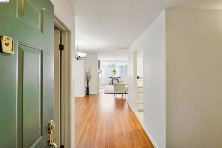 Entryway featuring a paneled door with polished brass hardware, leading to an open living area with wood-finish flooring
