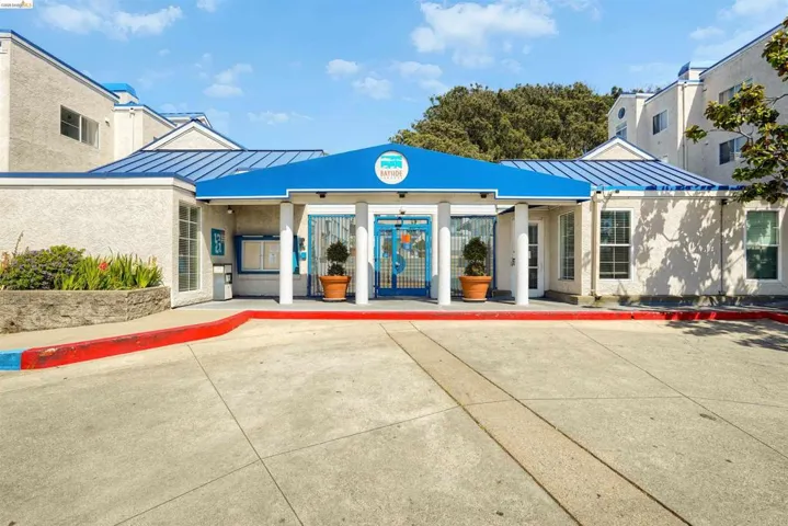 Entryway featuring a bright blue awning, white pillars, a stucco exterior, and a stone planter with foliage