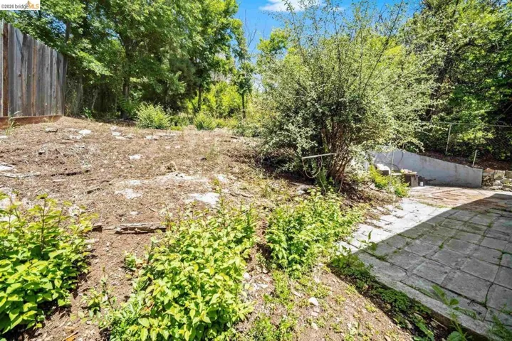 Expansive outdoor area featuring a concrete paver patio, a partial wood fence, and mature foliage