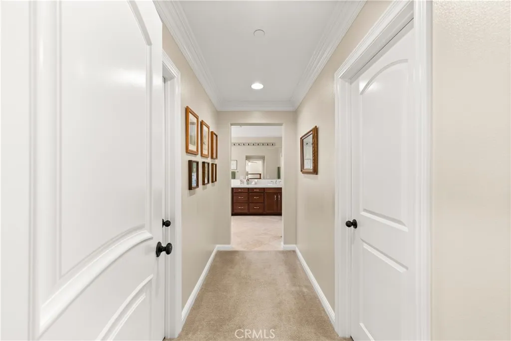 His and her closets in the primary with plush carpet