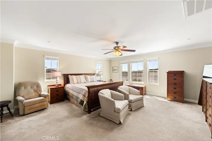 Primary bedroom (4) with lighted ceiling fan, plush carpet, and views of the mountains to the north west