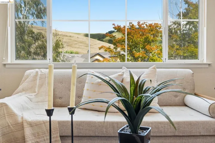 Window with white grilles, white trim, and a mountain landscape backdrop