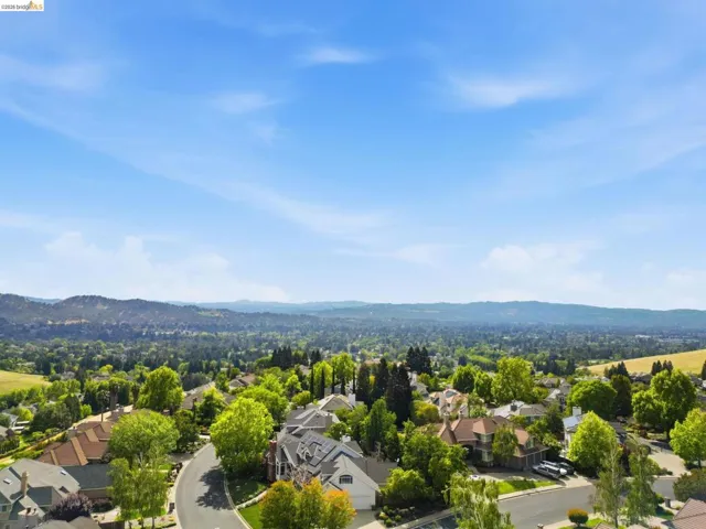 Residential neighborhood with varied architectural styles, mature trees, and mountainous topography in the distance