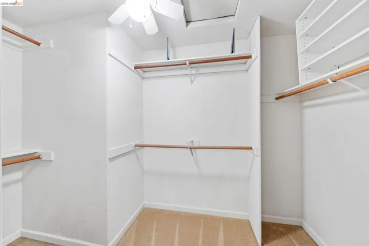 Walk-in closet featuring built-in shelving, multiple hanging rods, a ceiling fan, and carpet flooring