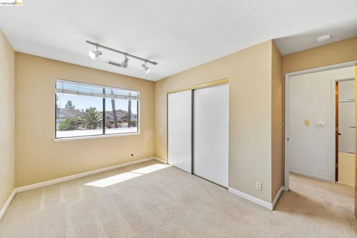 Carpeted room featuring a large window with horizontal blinds, a sliding door closet, and track lighting
