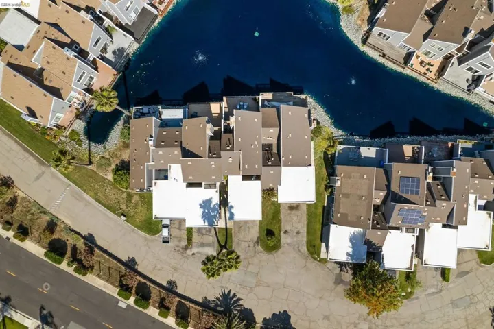 Aerial perspective showcasing waterfront properties with private docks