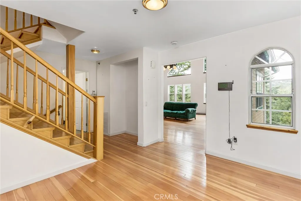 From the open area, peeking into the living room and peeking outside to the forest