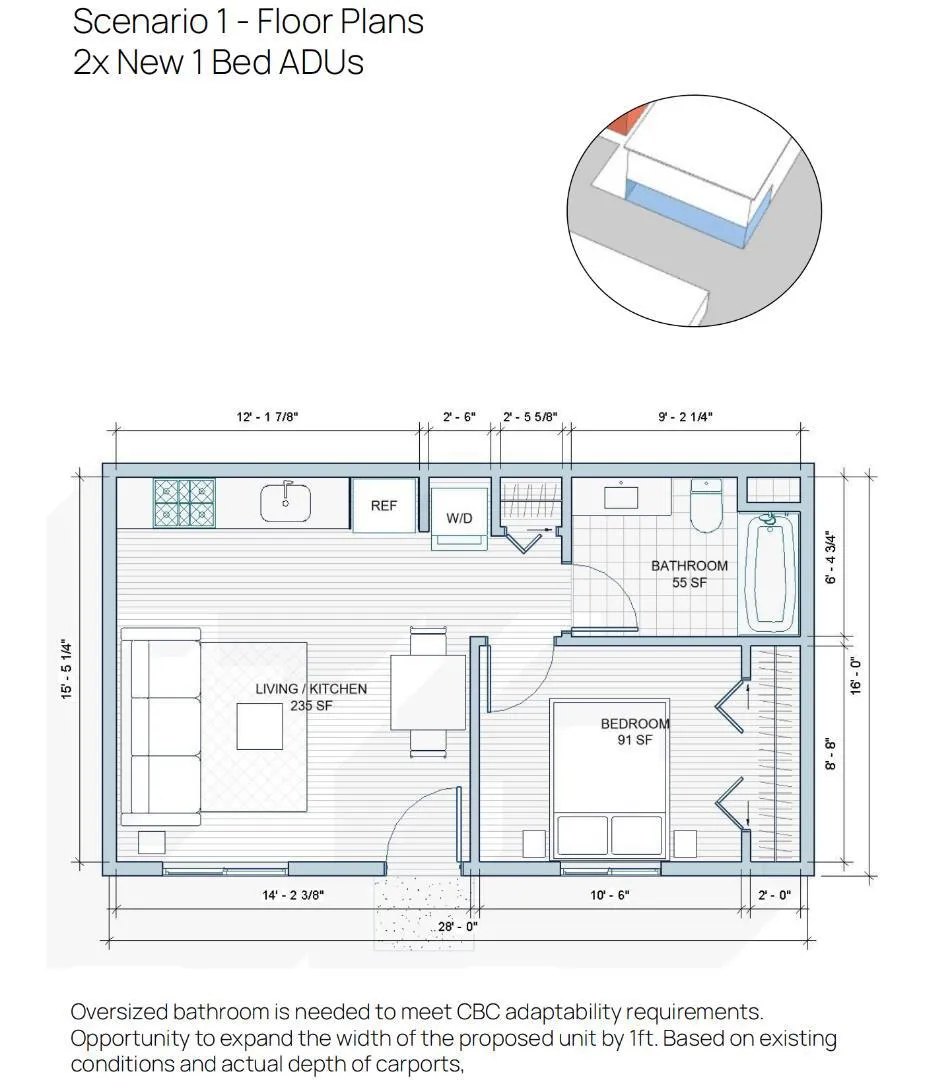 Floorplan of Tuck Under 1-Bed/1-Bath ADU (Proposed)
