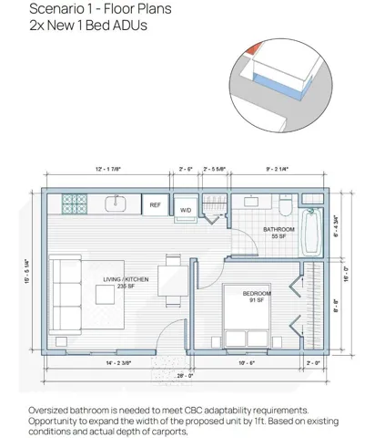 Floorplan of Tuck Under 1-Bed/1-Bath ADU (Proposed)